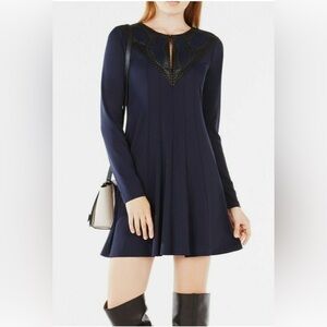 BCBGMAXAZRIA JAENA EMBELLISHED LONG SLEEVE FLOUNCED DRESS MIDNIGHT